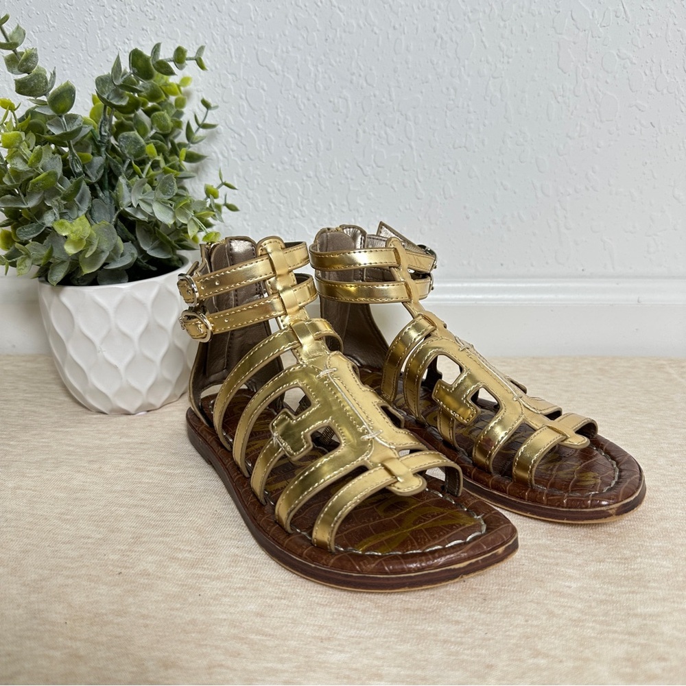 Sam Edelman Girls Ginnie Gladiator Gold Leather Flat Sandals Size 12 - Picture 3 of 12
